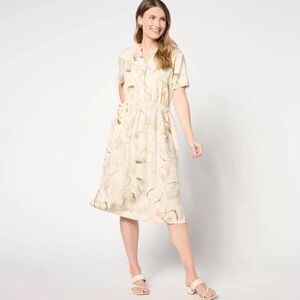 Denim & Co. Naturals Linen Blend Printed Short Sleeve Floral Dress Beige Oatmeal